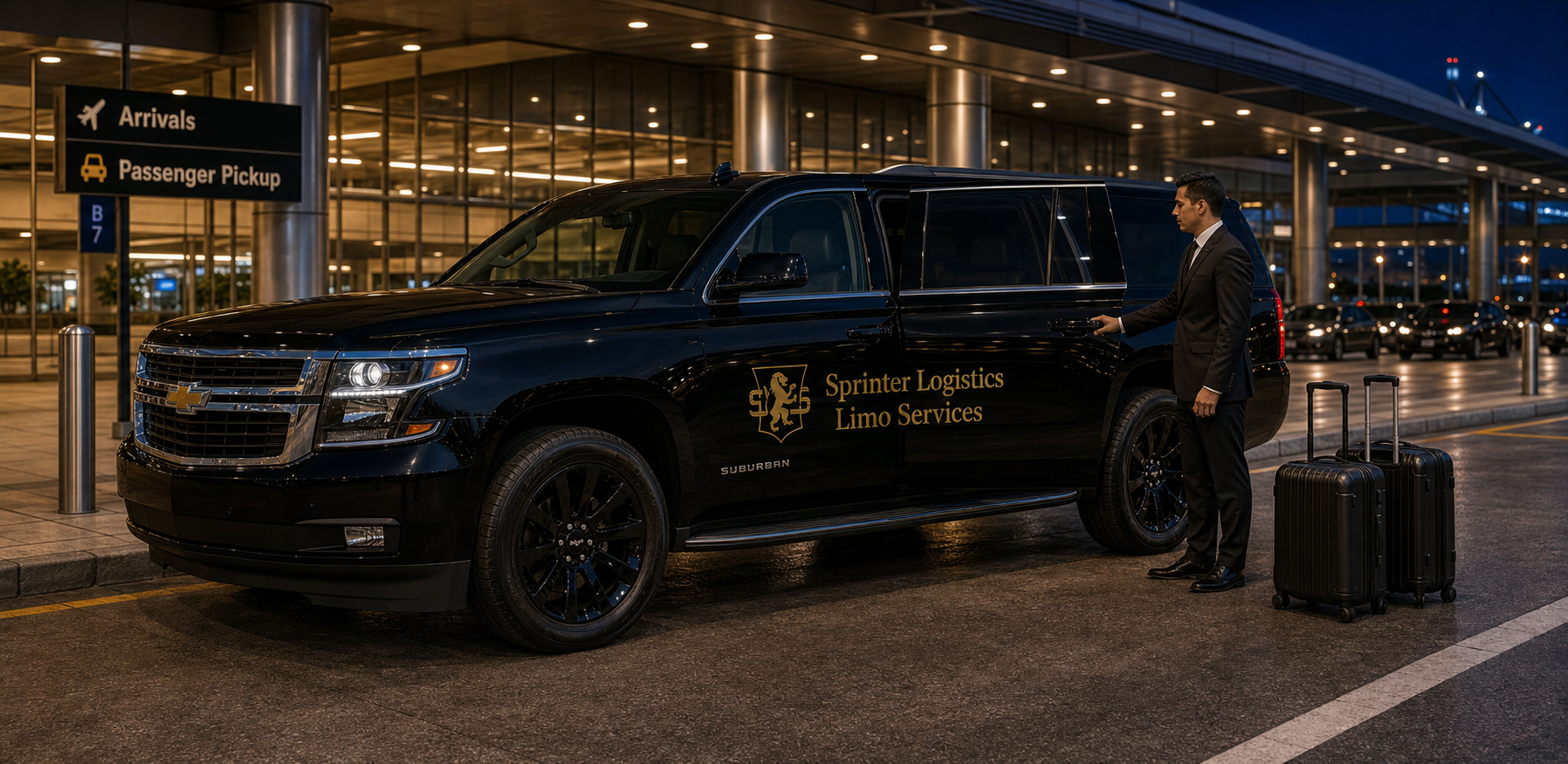 Black Chevy Suburban with Sprinter Logistics Limo Services branding