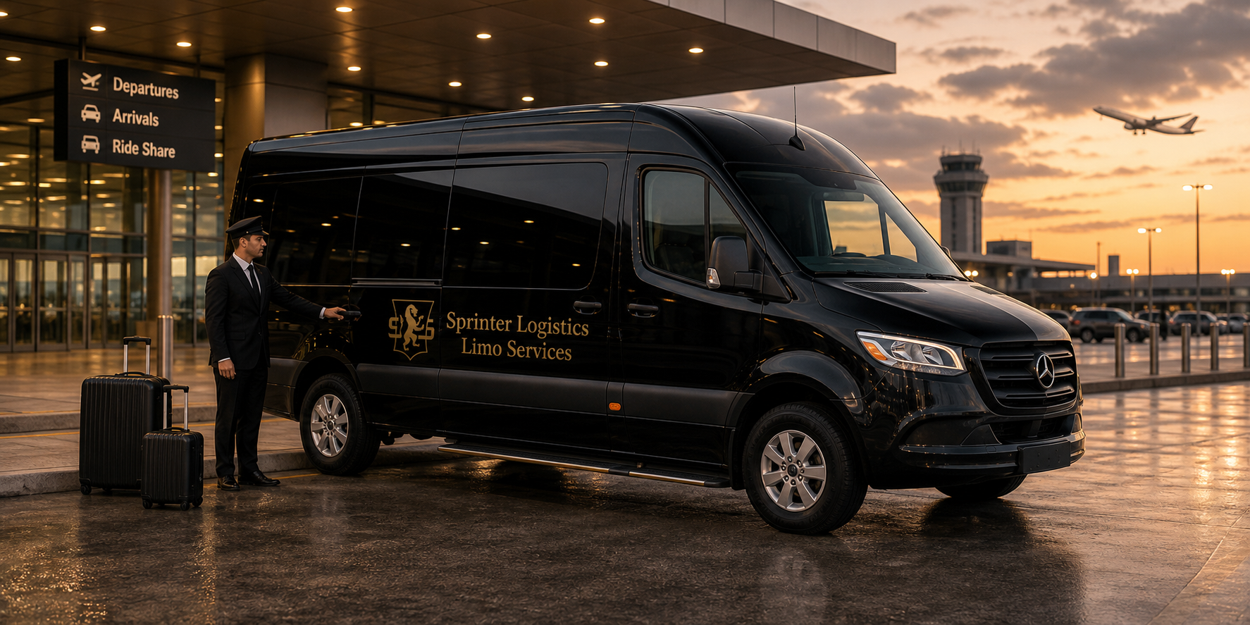 Black Ford Transit with Sprinter Logistics Limo Services branding