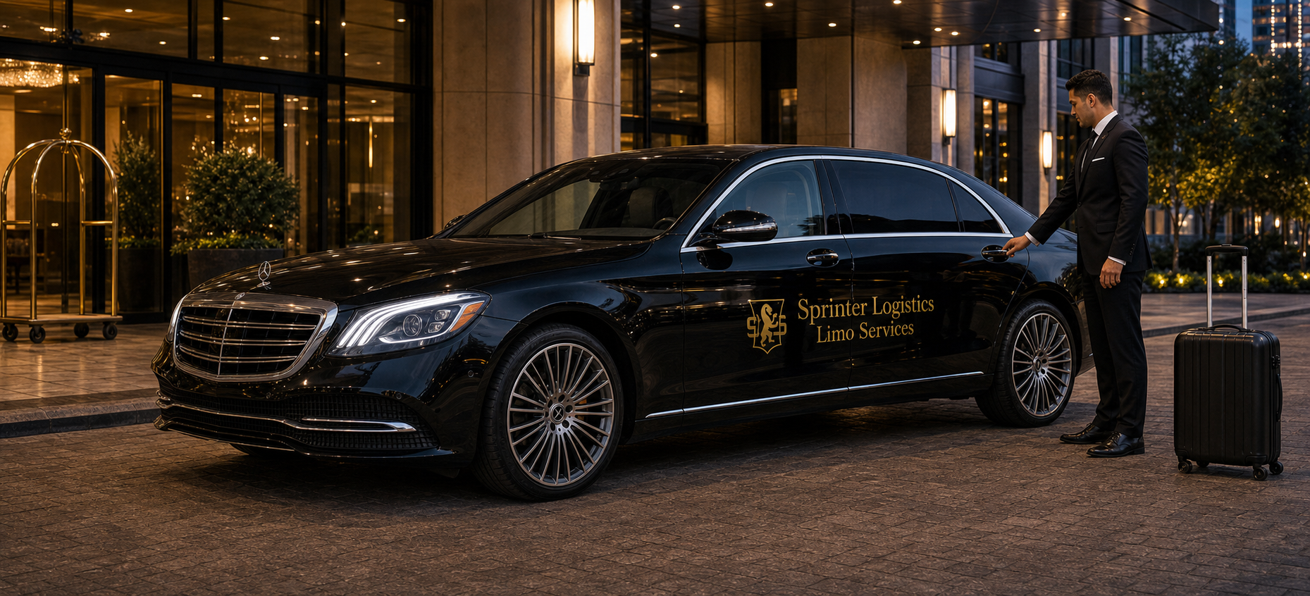 Black Mercedes S-Class with Sprinter Logistics Limo Services branding