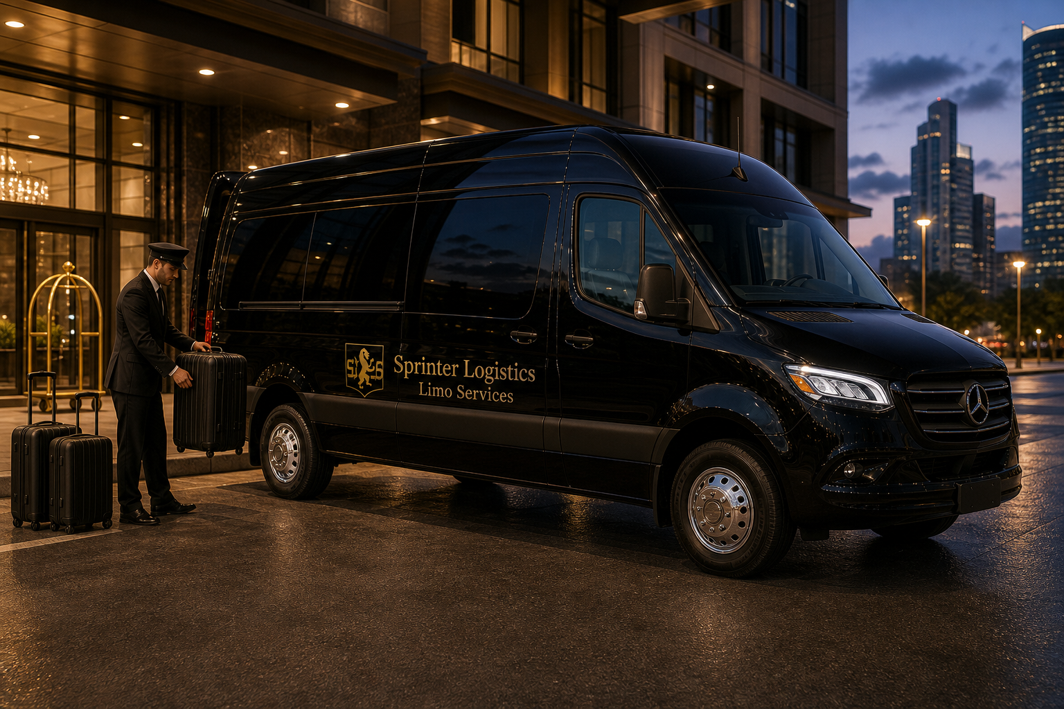 Black Mercedes Sprinter with Sprinter Logistics Limo Services branding